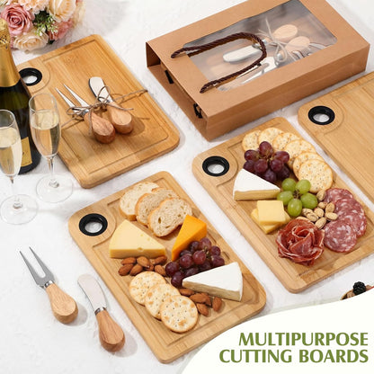 LemonRoad 6 Set Bridal Shower Favors Bamboo Cheese Board Charcuterie Board Gift Set with Knives Forks Bags for Baby Shower Gifts Easter Spring Wedding Favors