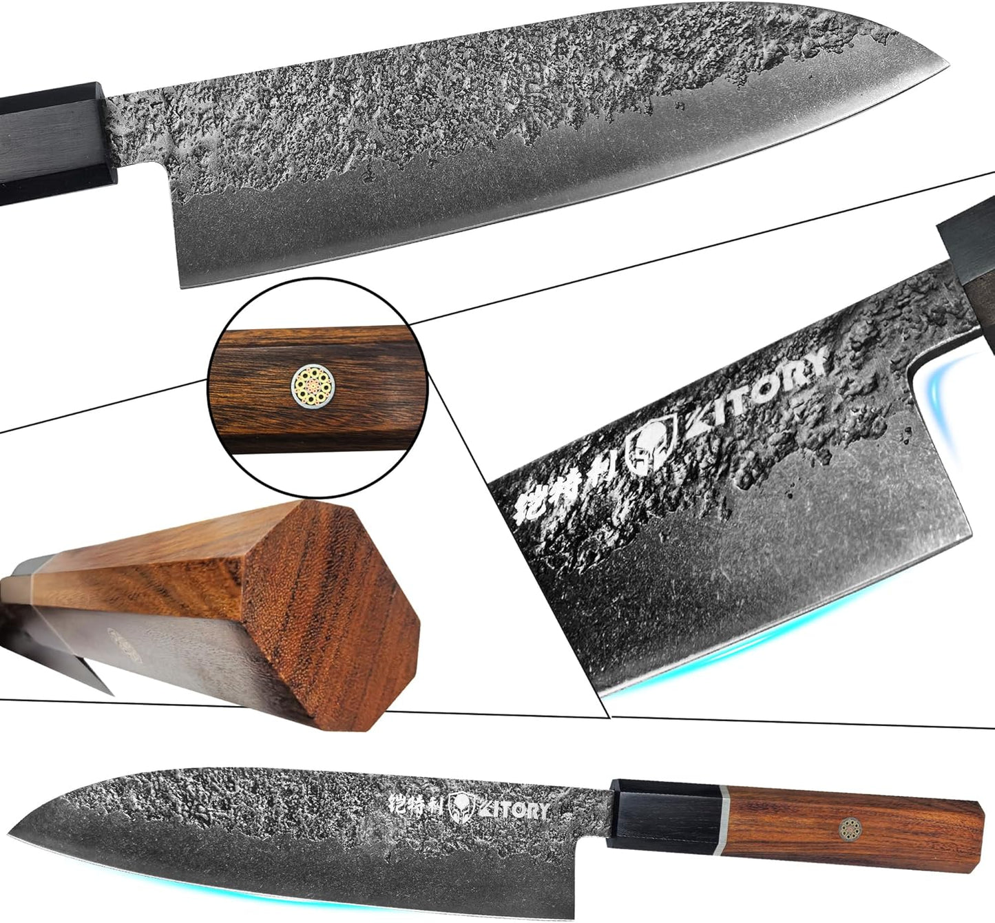 Kitory 7'' Santoku Knife, Black Stonewashed High-Carbon Steel Japanese Kitchen Knife, Hand Forged Ultra Sharp Asian Chef Knife with Ergonomic Wood Handle and Gift Box