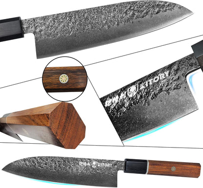 Kitory 7'' Santoku Knife, Black Stonewashed High-Carbon Steel Japanese Kitchen Knife, Hand Forged Ultra Sharp Asian Chef Knife with Ergonomic Wood Handle and Gift Box