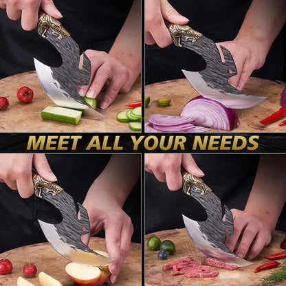 KITNATS Hand Forged Meat Cleaver with Sheath, Viking Inspired Butcher Knife for Meat Cutting, Boning, Outdoor BBQ, Camping and Kitchen Cooking, Gift for Men, Christmas Birthday