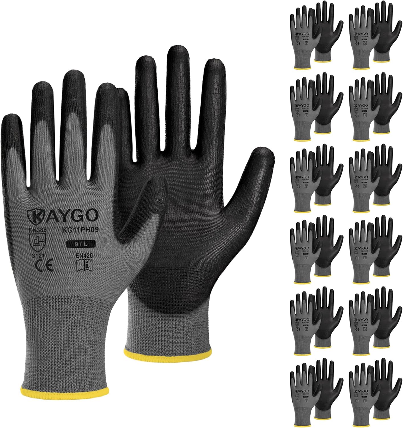 KAYGO Work Gloves for Men and Women,12 Pairs Seamless Knit PU Coated Safety Gloves, with Smooth Grip on Palm and Fingers, Ideal for Light Warehouse, Manufacturing, Gardening, KG11P (M, Black)