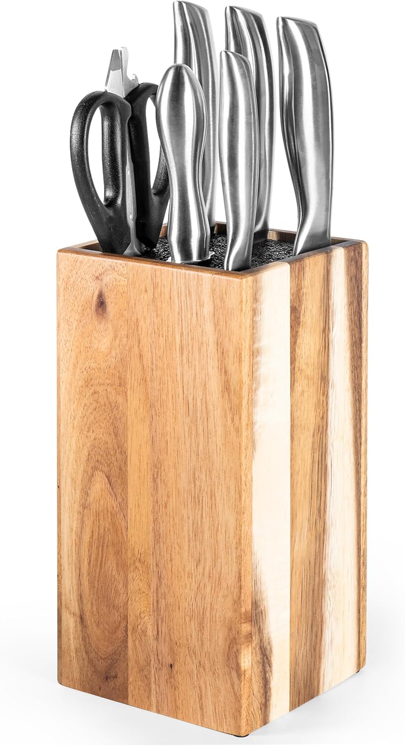 Acacia Wood Angled Knife Block with Multi-Purpose Holder – Universal Kitchen Knife Storage with Removable Bristle Insert (Honey brown, regular medium)