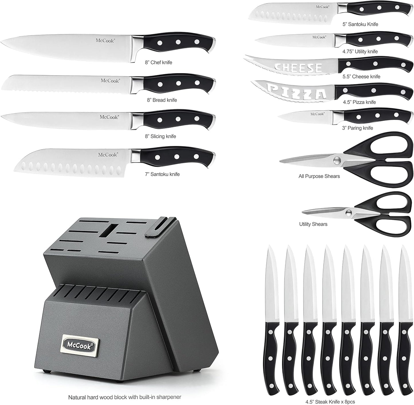 McCook® Knife Sets,German Stainless Steel Kitchen Knife Block Set with Built-in Sharpener