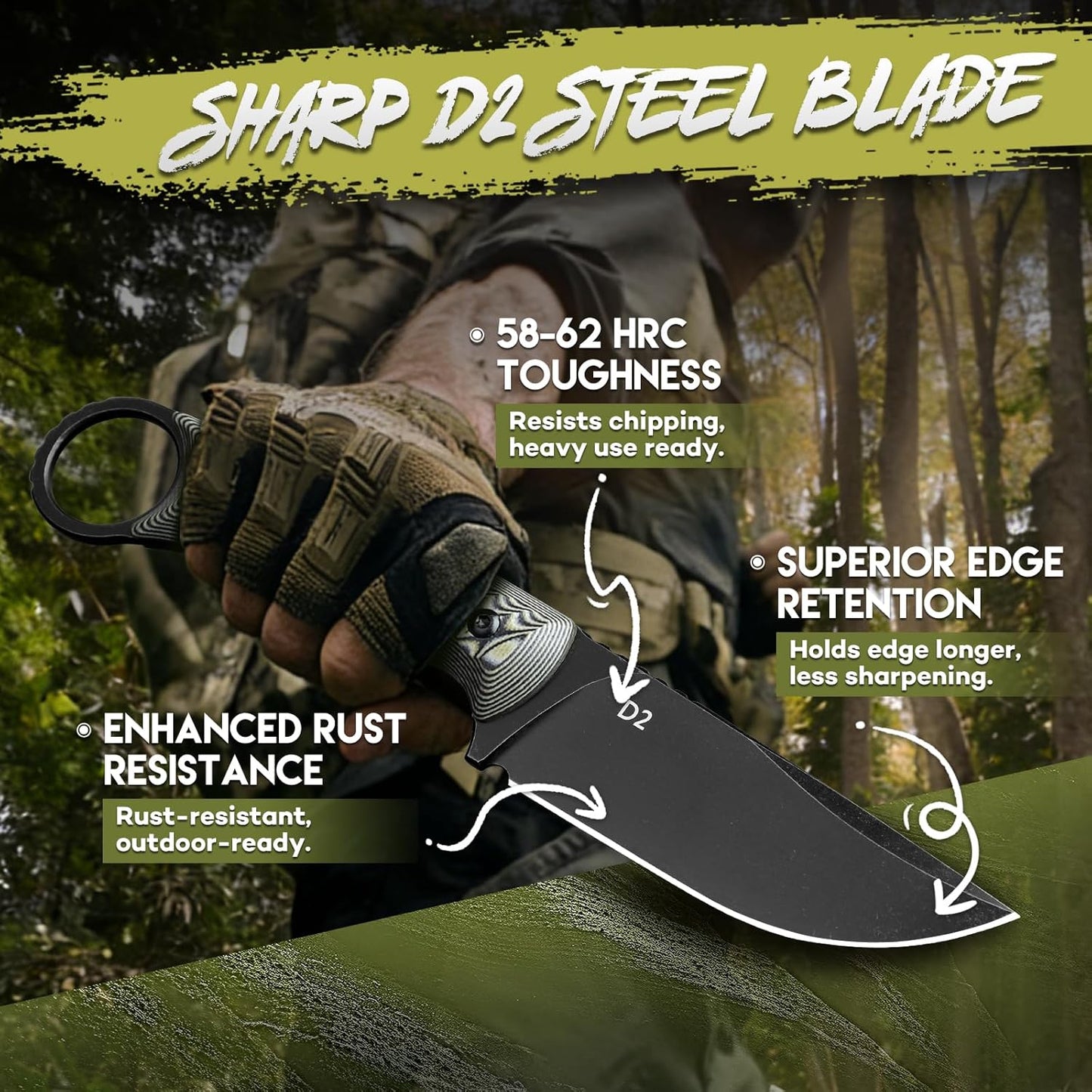 Purple Dragon Fixed Blade Knife - Full Tang Survival Knife Forged from a Single Piece of D2 Steel - Camping Knives with G10 Handle and Kydex Sheath - Outdoor Gift for Men - Brown