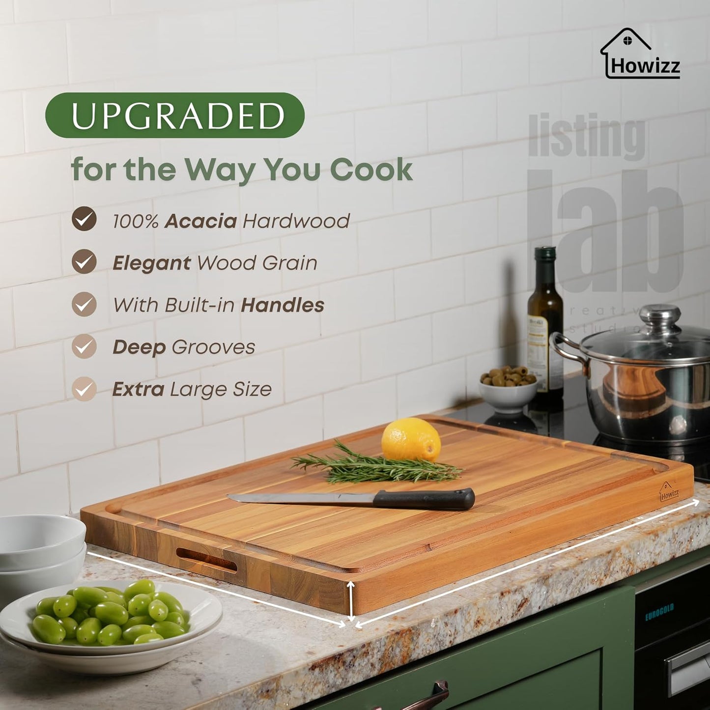 Howizz Acacia Wood Large Cutting Board, Thick End Grain Solid Wood Butcher Block For Kitchen, Non Toxic Pre-Oiled Carving Tray w/Juice Grooves and Easy Grip Handle, 20"x15"x1" (Gift-Ready Box)