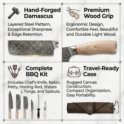 KOFERY Damascus Steel Butcher Knife Set with Full Tang Blades for Pit Master BBQ Meat Carving, Smoking Meat & Game Processing with Canvas Knife Roll for Camping, Gift for Men