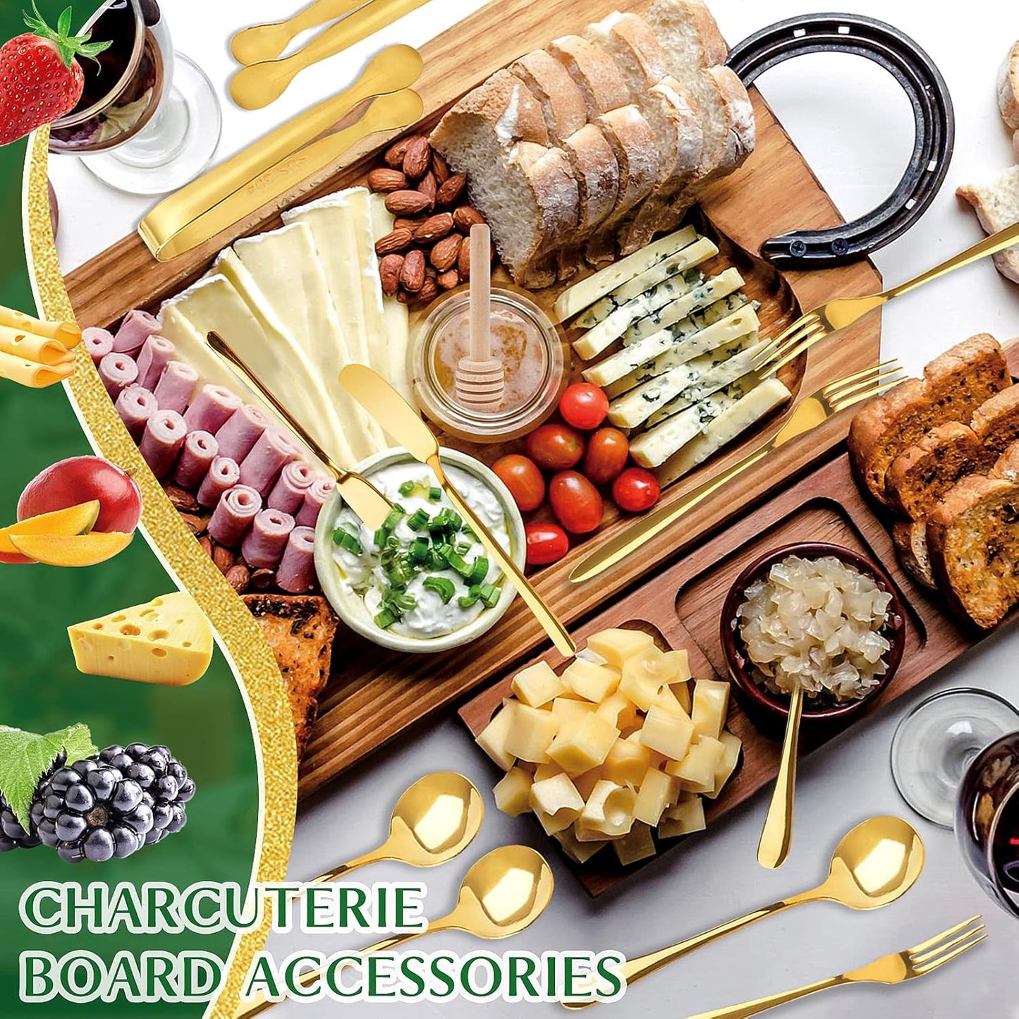 Charcuterie Board Accessories, 18 Pcs Silver Stainless Steel Spreader Knives Set Include Mini Serving Tongs, Cheese Butter Knives, Spoons, Forks, Honey Dippers