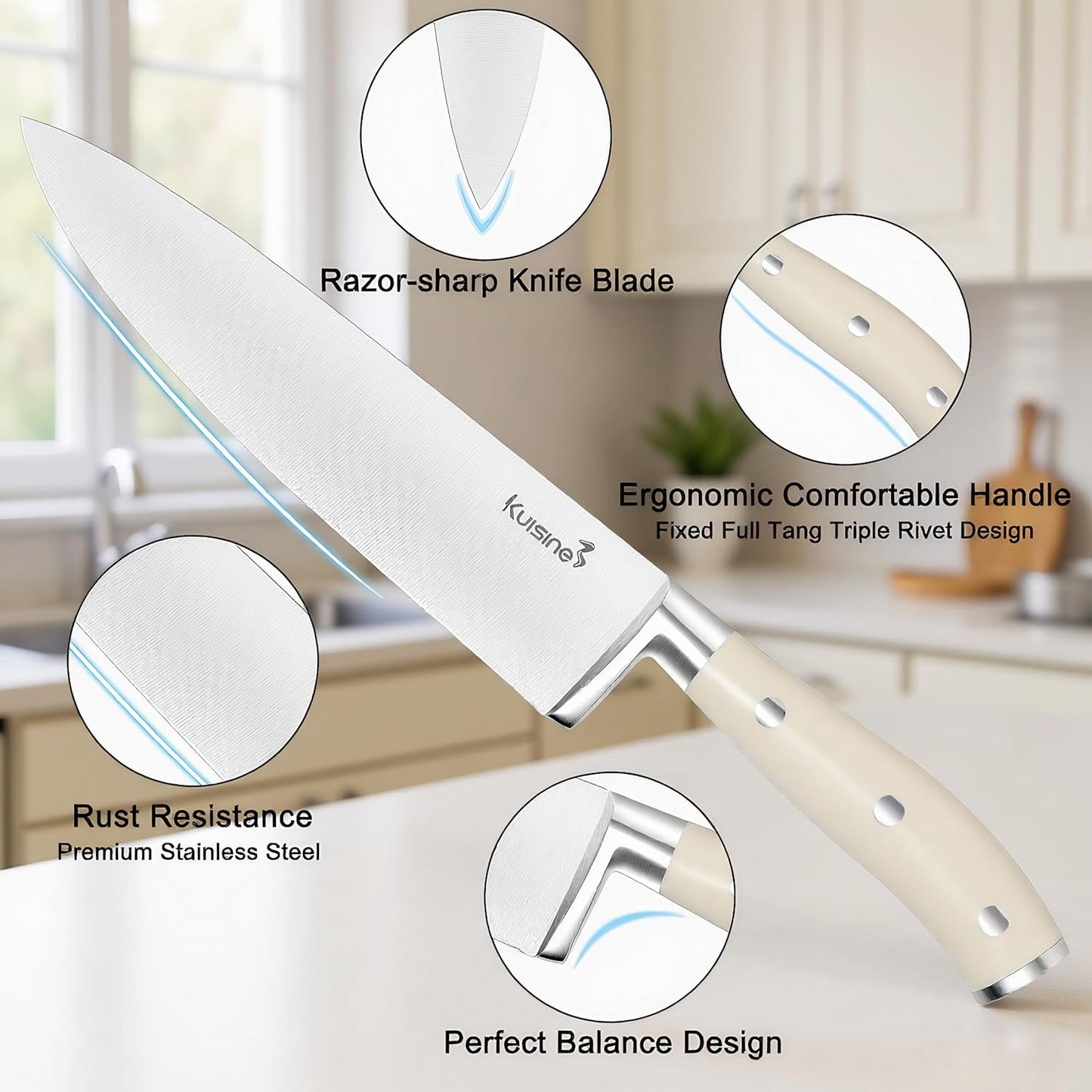 KUISINE Upgraded Knife Set High Carbon Stainless Steel Ultra Sharp Blade Ergonomic Handle,Knife Block Set with Built-in Sharpener(Ivory Acacia,15PCS)