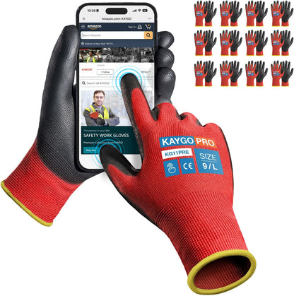 KAYGO Work Gloves for Men and Women,12 Pairs Seamless Knit PU Coated Safety Gloves, with Smooth Grip on Palm and Fingers, Ideal for Light Warehouse, Manufacturing, Gardening, KG11P (M, Black)