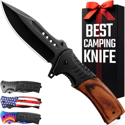 Pocket Knife for Men with Wood Handle & Glass Breaker & Pocket Clip - 3.66" Sharp Blade - Cheese Knives - Folding Knife for Men Women Hunting Camping Military Tactical Survival Hiking Work EDC 0207