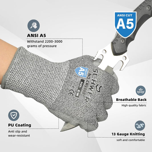 Schwer 12 Pairs ANSI A5 Cut Resistant Work Gloves, Cut Proof Gloves with PU Coating, Used for Metal Fabrication, WoodWorking, Construction, Non Slip, Durable, Non PFAS, L, CR3088
