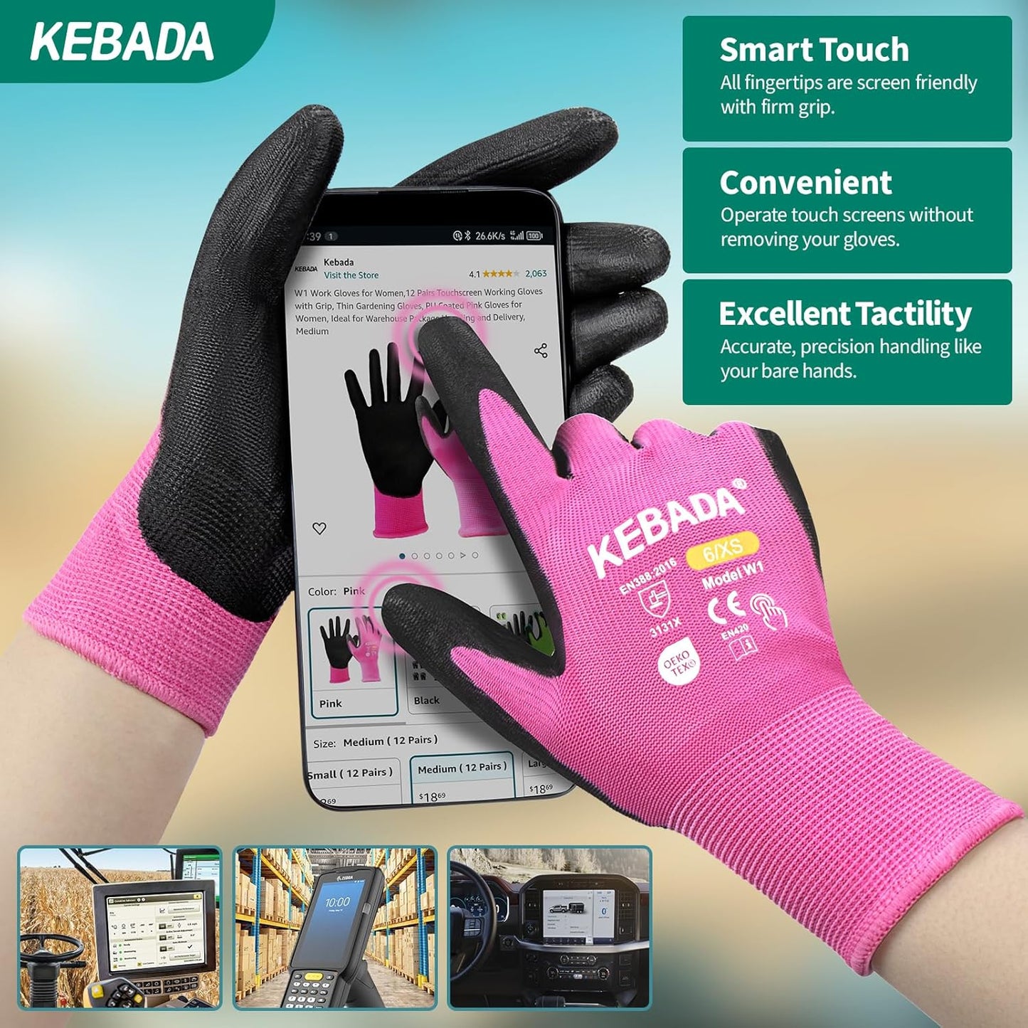 Kebada W1 Work Gloves for Men and Women, PU Coated Safety Gloves with Grip, Touchscreen, Ideal for Warehouse Package Handling, Construction, Gardening, 12 Pairs Gray Large