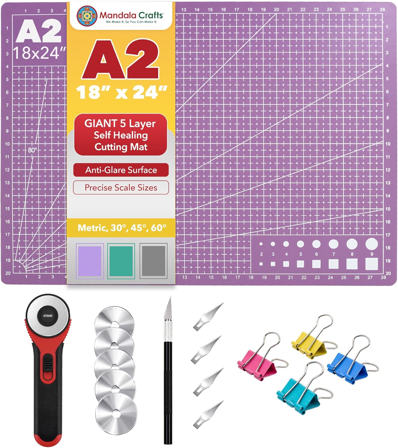 Mandala Crafts Self-Healing Cutting Mat Set – 12" x 18" A3 Green Double-Sided 5-Ply Mat with Fabric Cutter, Quilt Ruler & Craft Knife for Sewing, Quilting, Leather & Scrapbooking