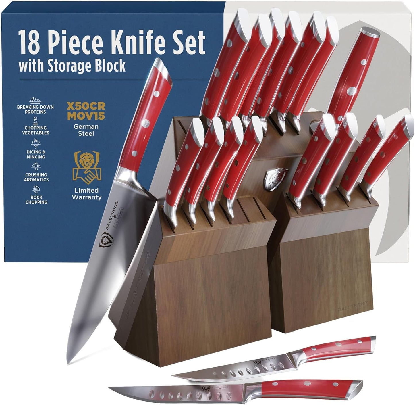 Dalstrong 18-Piece Gladiator Colossal Knife Block Set — German High-Carbon Steel, Full-Tang, Hand-Sharpened — For Home Chefs, Wedding Registries & Serious Kitchens — Acacia Wood Block, NSF Certified