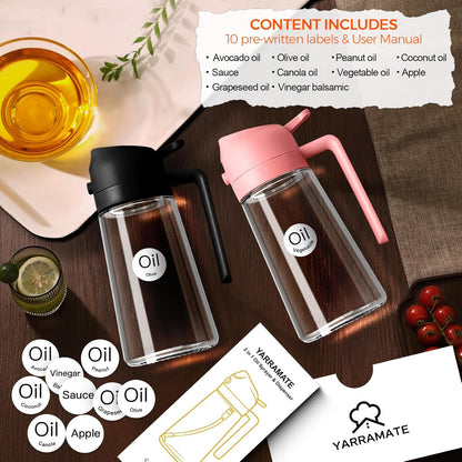 YARRAMATE 16oz/470ml Glass Olive Oil Sprayer for Cooking with Stickers, 2 in 1 Oil Dispenser for Kitchen Gadgets, Food Grade Premium Spray Bottle for Salad, Frying, BBQ (Creamy White)