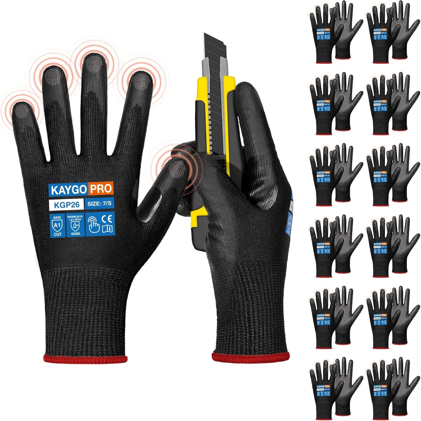 KAYGO 12 Pairs PU Coated Cut-resistant Gloves with Grip,Safety Work Gloves for Men Women,Full Fingers Touchscreen,Ideal for Warehouse,Wood Carving,Construction,ANSI Cut Level A1,KGP26
