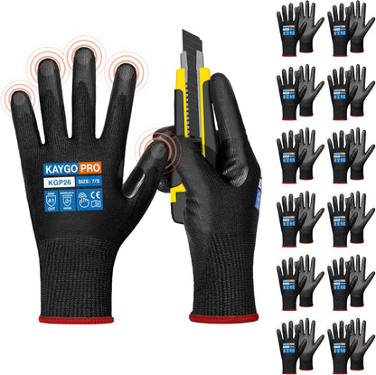 KAYGO 12 Pairs PU Coated Cut-resistant Gloves with Grip,Safety Work Gloves for Men Women,Full Fingers Touchscreen,Ideal for Warehouse,Wood Carving,Construction,ANSI Cut Level A1,KGP26