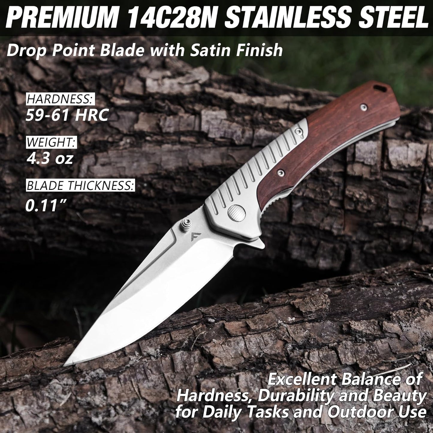 FLISSA Pocket Knife with 3.35" 14C28N Steel Blade, Liner Lock Folding Knife with Wooden Handle for EDC, Camping, Hiking, Outdoor Activities, Gift for Men and Women