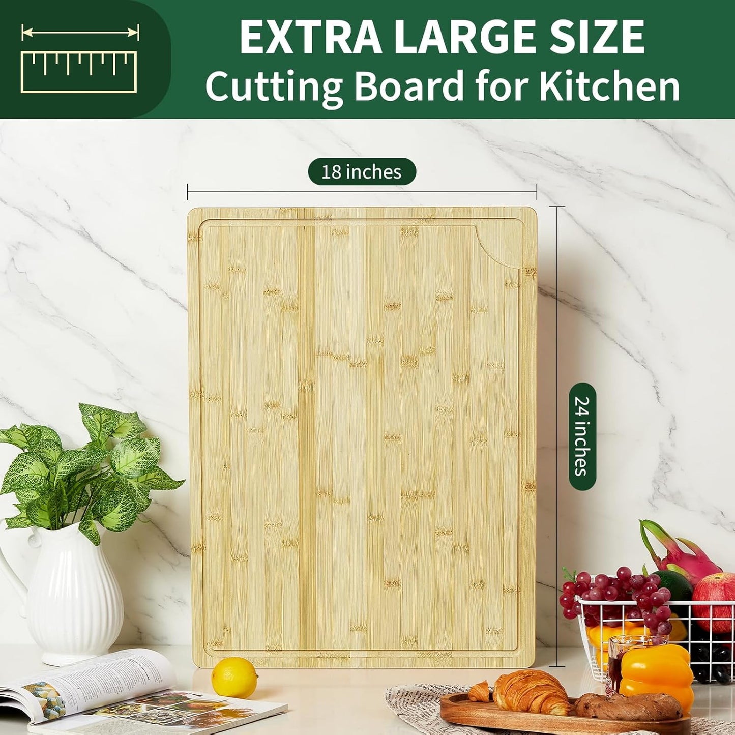 Garvee Large 24x16 Inches Bamboo Cutting Board for Kitchen, Wooden Butcher Block Chopping Board with Deep Juicy Groove and Back Inner Handle for Meat, Vegetables, Fruit