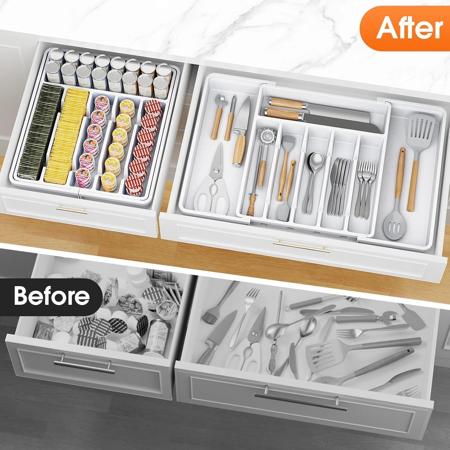 SpaceHacks Silverware Organizer，Adjustable & Expandable Utensil Drawer Organizer, BPA Free Utensil Holder, Cutlery Tray for Forks, Spoons, Knives in Kitchen, Medium, White