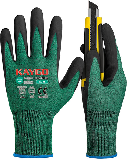 KAYGO 3 Pairs Cut Resistant Gloves, Safety Work Gloves KG18NCG,MicroFoam Nitrile Coating for Construction Automotive Warehouse