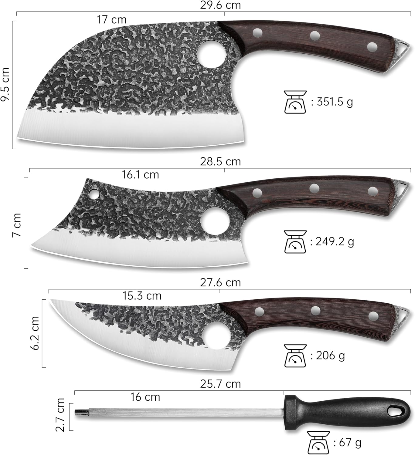 Plys Forged Butcher Knife Set: Comfortable Handle for Long Use - 3PCS Viking Kitchen Knives Set for Mens - Handmade Cooking Meat Cleaver for Cutting and Chopping