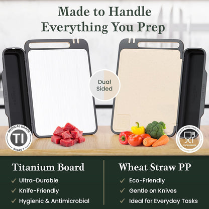 PURE-PREP Titanium Cutting Board - Double-Sided Design with Titanium Cutting Board and Wheat Straw PP for Kitchen Use - Chopping Board with Collapsible Catch, Grater, Knife Sharpener - Large 16”x11”