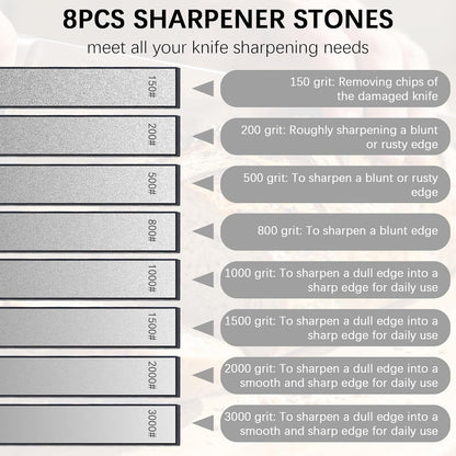 8 Pcs Diamond Knife Sharpening Stones, Knife Sharpener Fixed-Angle Kit, Professional Whetstone Set With Base 150/200/500/800/1000/1500/2000/3000 Grit
