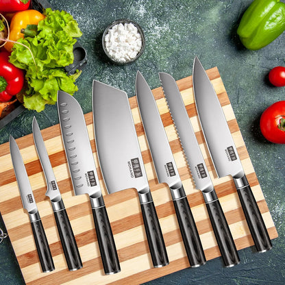 MDHAND Kitchen Knife Set, 9PCS Professional Japanese Knife Set, High Carbon Stainless Steel Chef Knife Set with Black Pakkawood Handle, Professional Ultra Sharp Kitchen Knives for Cooking, Elegant Box