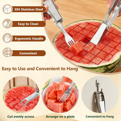 Watermelon Cutter, 2-in-1 Stainless Steel Fruit Cutter, Dual Head Watermelon Fork Slicer Tool, Summer Fruit Cutting Kitchen Gadget for Home (2PCS)