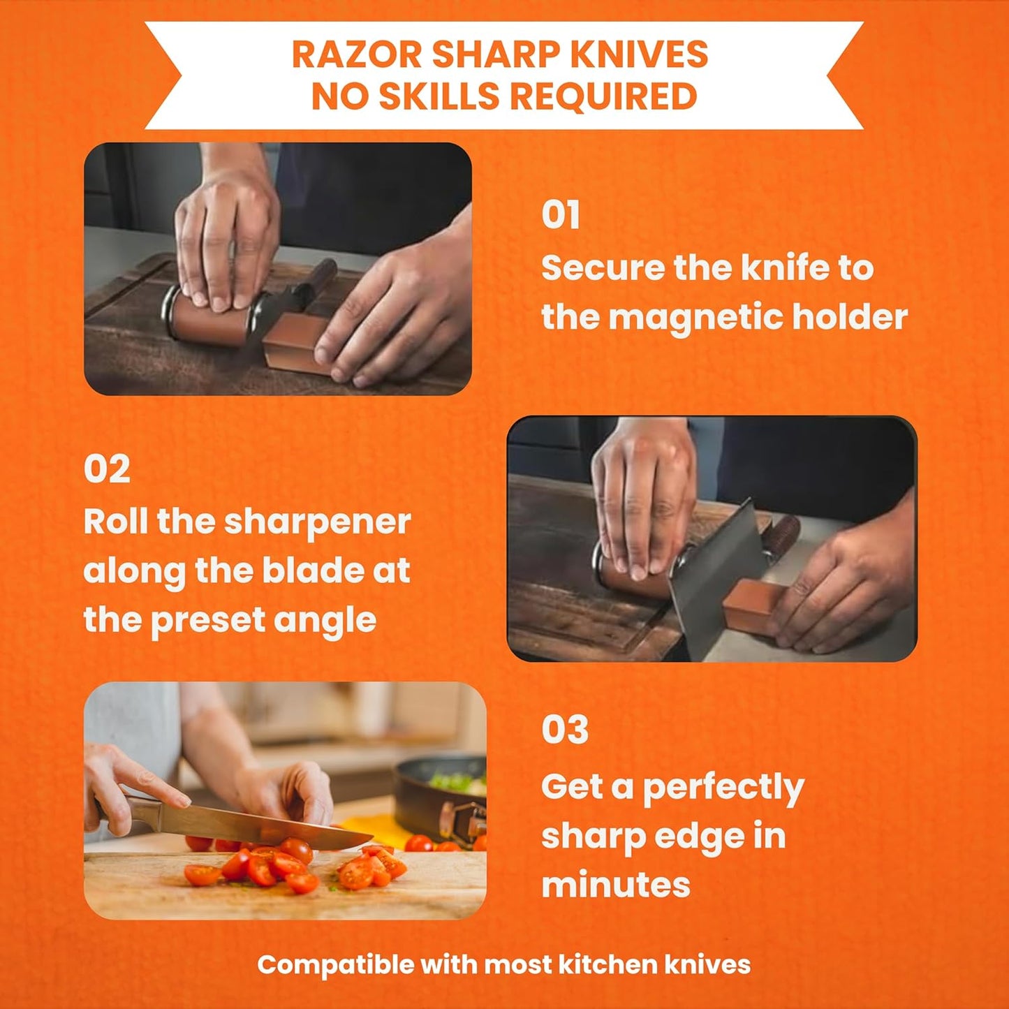 Rolling Knife Sharpener Tool with 15° & 20° Magnetic Angle Guide, Diamond & Ceramic Discs,Easy Manual Knife Sharpening Kit for Kitchen & Outdoor Knives, Durable Wood Design (Brown Finish)