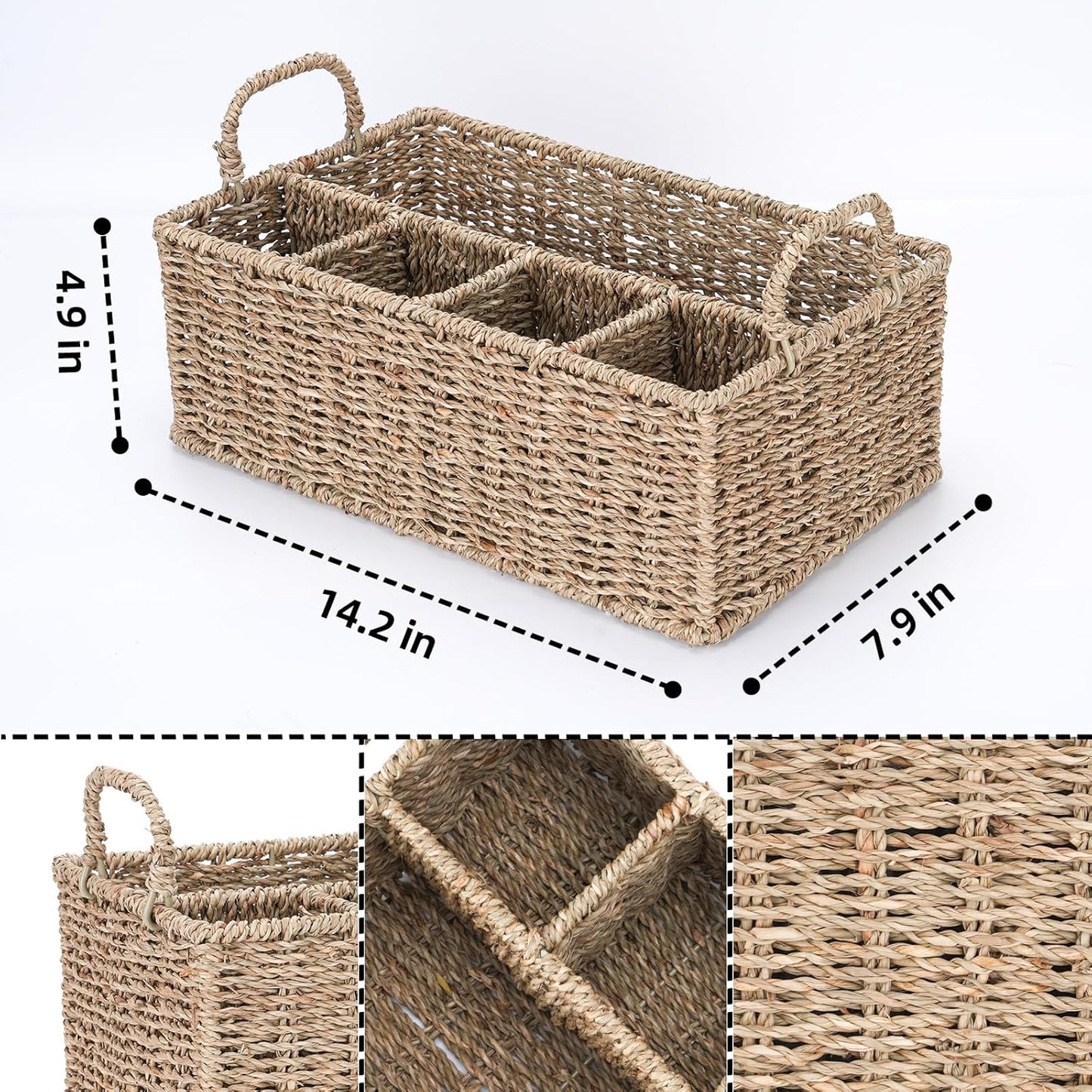 Wicker Party Silverware Caddy, Water Hyacinth Plastic Cutlery Utensil Holder, Hand Woven with Handles, Kitchen Countertop and Picnic flatware Organizer (5 compartments)