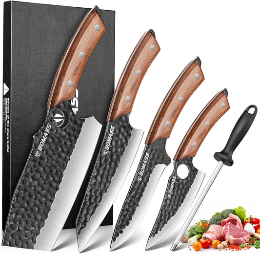 5PCS Hand Forged Japanese Chef Knife Set for Cooking, Meat Cutting, Carbon Steel Cleaver Knife, Boning, Santoku Chefs, Viking, Honing Rod for Kitchen, Camping, BBQ Gift for Men