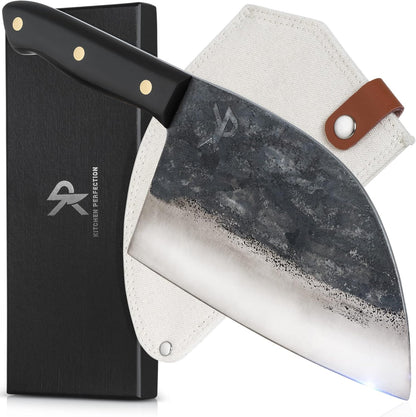 Kitchen perfection Handmade Meat Cleaver Knife for Meat Cutting - Professional 7" Serbian Chef Knife - Made of High Carbon Steel - Hand Sharpen Butcher Knife with Canvas Sheath, Unique Gifts for Men