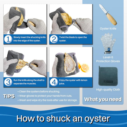 Oyster Shucking Knife and Glove Set - Oyster Shucker Kit with 2pcs Knife, 1pair Level5 Protection Gloves, 1pc Kitchen Cloth - Seafood Opener Tools in Storage Bag (Black) - Great Gifts