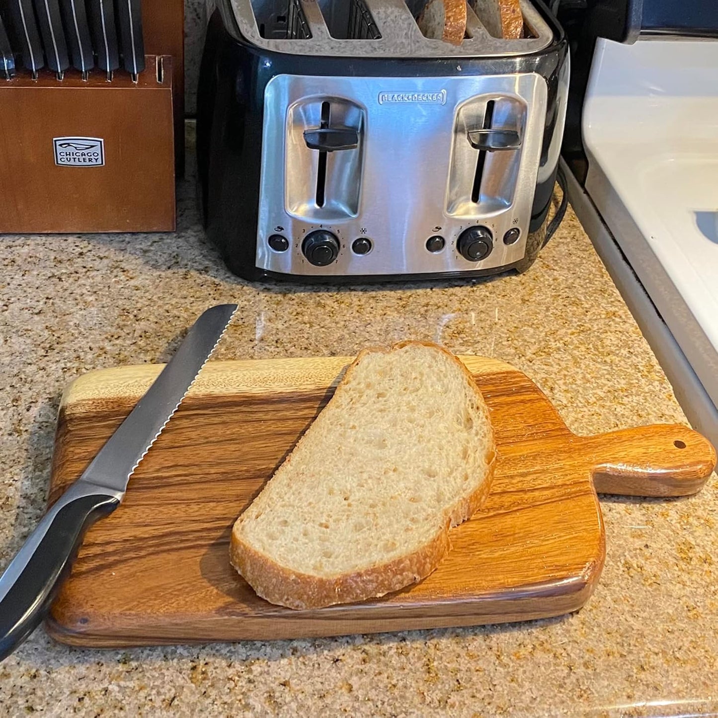 Acacia Wood Cutting Board with Handle, Single Piece Solid Wood, Double Sided Charcuterie and Bread Board, Small Knife Friendly Kitchen Prep Board, 15 x 8 Inch
