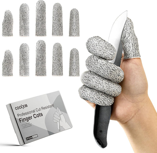 COOLJOB 20-Pack A5 Cut Resistant Finger Cots Full Coverage, Set of 4 - Reusable Anti-Slip Snug-fit Design, Conforms to Men Women Fingers for Work, Kitchen, Garden, Sculpture, Picking, Pruning, S/M