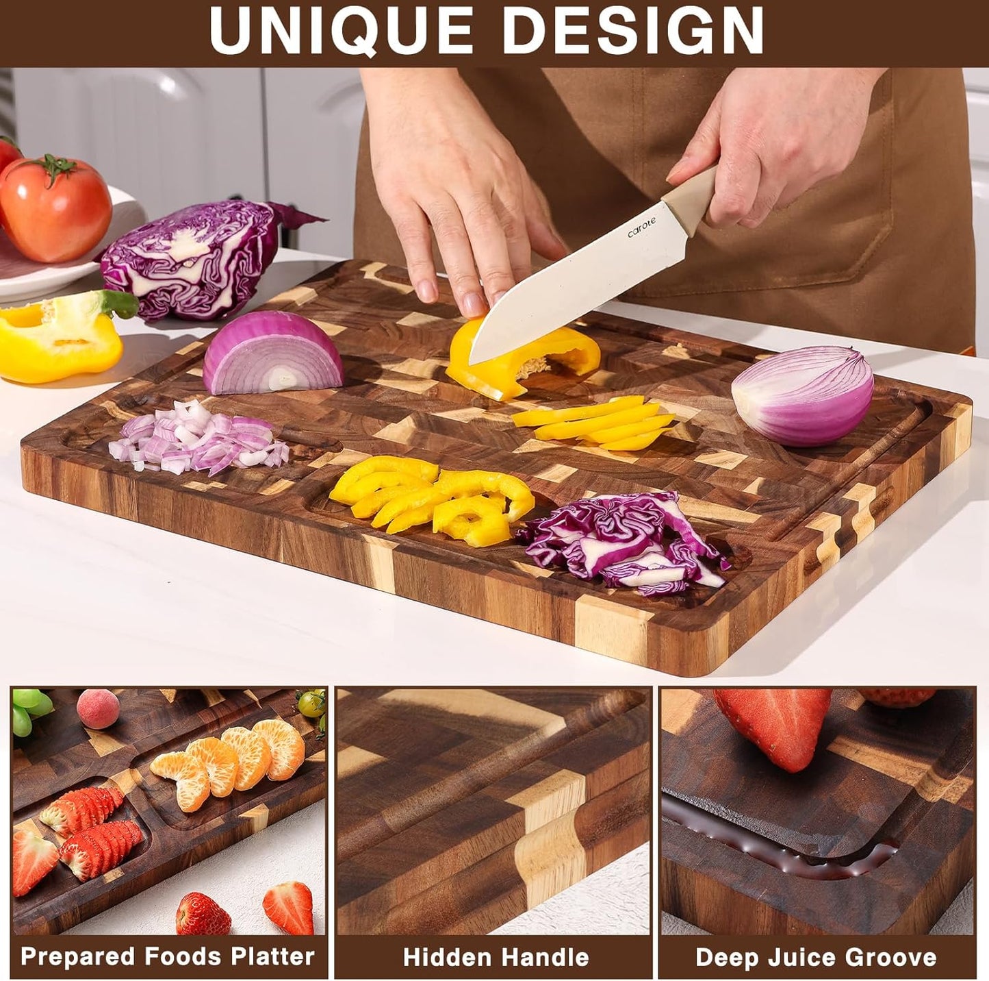 End Grain Cutting Board Double Sided, Walnut Wood Cutting Boards Butcher Block for Kitchen, Wooden Chopping Board with Deep Juice Groove, Handles, Stands & Mineral Oil Kit, 16.8" x 12.9" x 1"