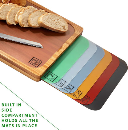 Seville Classics Bamboo Premium Wood Cutting Board Serving Tray w/ 7 Color-Coded BPA-Free Mats, for Chopping Bread, Cheese, Fruits, Vegetables, Meats, Charcuterie (PATENTED), Bamboo (NEW MODEL)