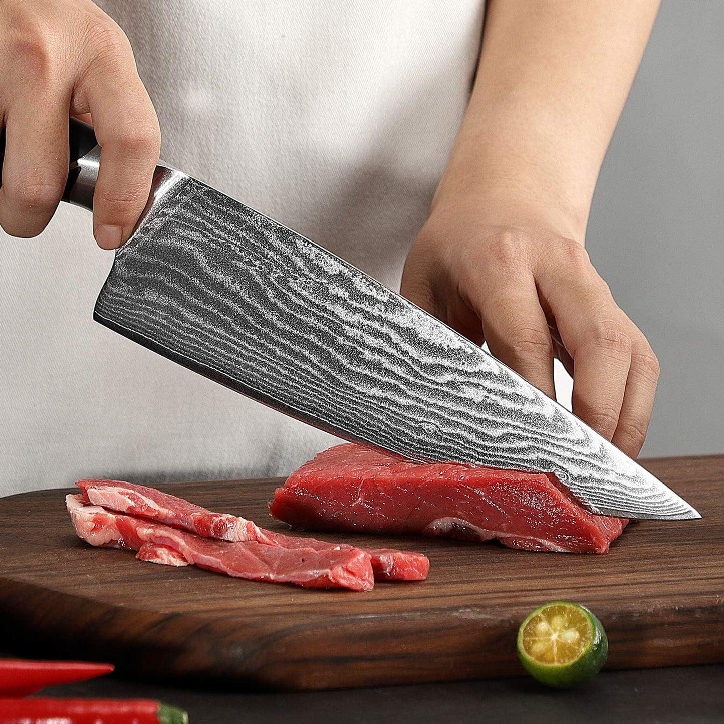 18 Pieces Damascus Kitchen Knife Set, 8 Piece Steak Knives, Non-slip ABS Ergonomic Triple Rivet Handle for Meat Fork, Knife Sharpener and Shears, 17 Slots Fraxinus Manchuria Knife Block (Grey)