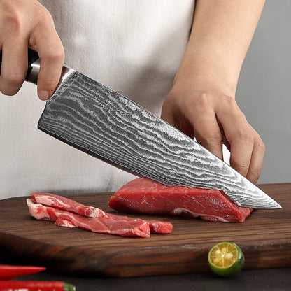 18 Pieces Damascus Kitchen Knife Set, 8 Piece Steak Knives, Non-slip ABS Ergonomic Triple Rivet Handle for Meat Fork, Knife Sharpener and Shears, 17 Slots Fraxinus Manchuria Knife Block (Grey)