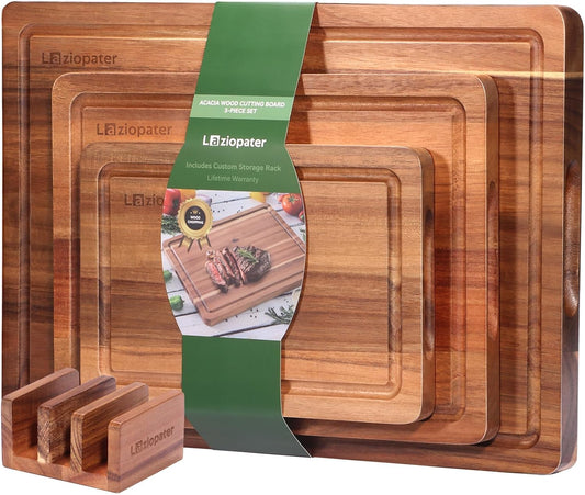 Acacia Wood Cutting Board Set of 3, Solid Wood Cutting Board with Holder, Deep Juice Grooves & Built-in Handles, Durable Wooden Chopping Board Set for Meat, Vegetables, Cheese, Kitchen Prep