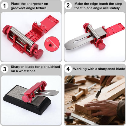 Chisel Sharpening Jig, Honing Guide for Woodworking Chisels and Planes Width 0.1" to 2.8", Metal Chisel Sharpening Kit with Angle Fixture and Angle Gague, Red Pink