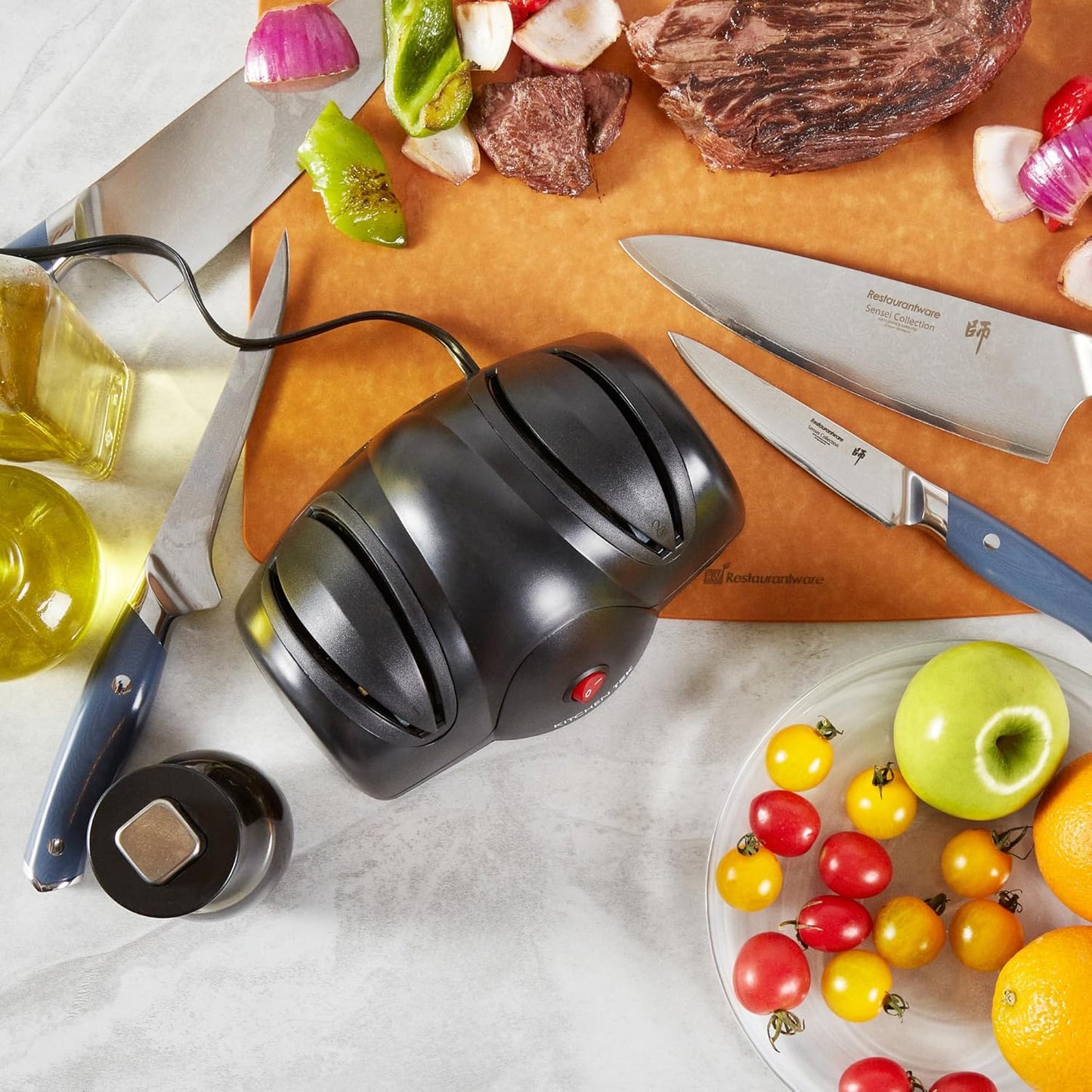 Restaurantware-Kitchen Tek 2-Stage Electric Knife Sharpener, 1 Straight-Edge Knife Sharpener With Diamond Grinding Wheel - 120 Voltage, Quick Sharpening, Gray Plastic, For Kitchen Knives
