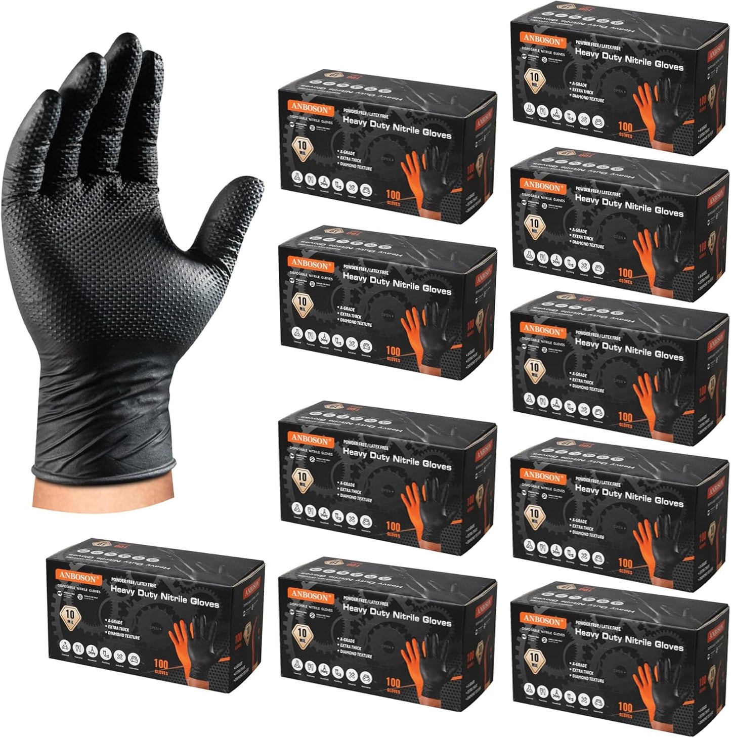 ANBOSON 10 Mil Diamond Textured Nitrile Gloves, Heavy Duty Disposable, Extra Thick, Latex & Powder Free, Chemical and Puncture Resistant, Ideal for Auto Repair, Cleaning, Painting, X-Large