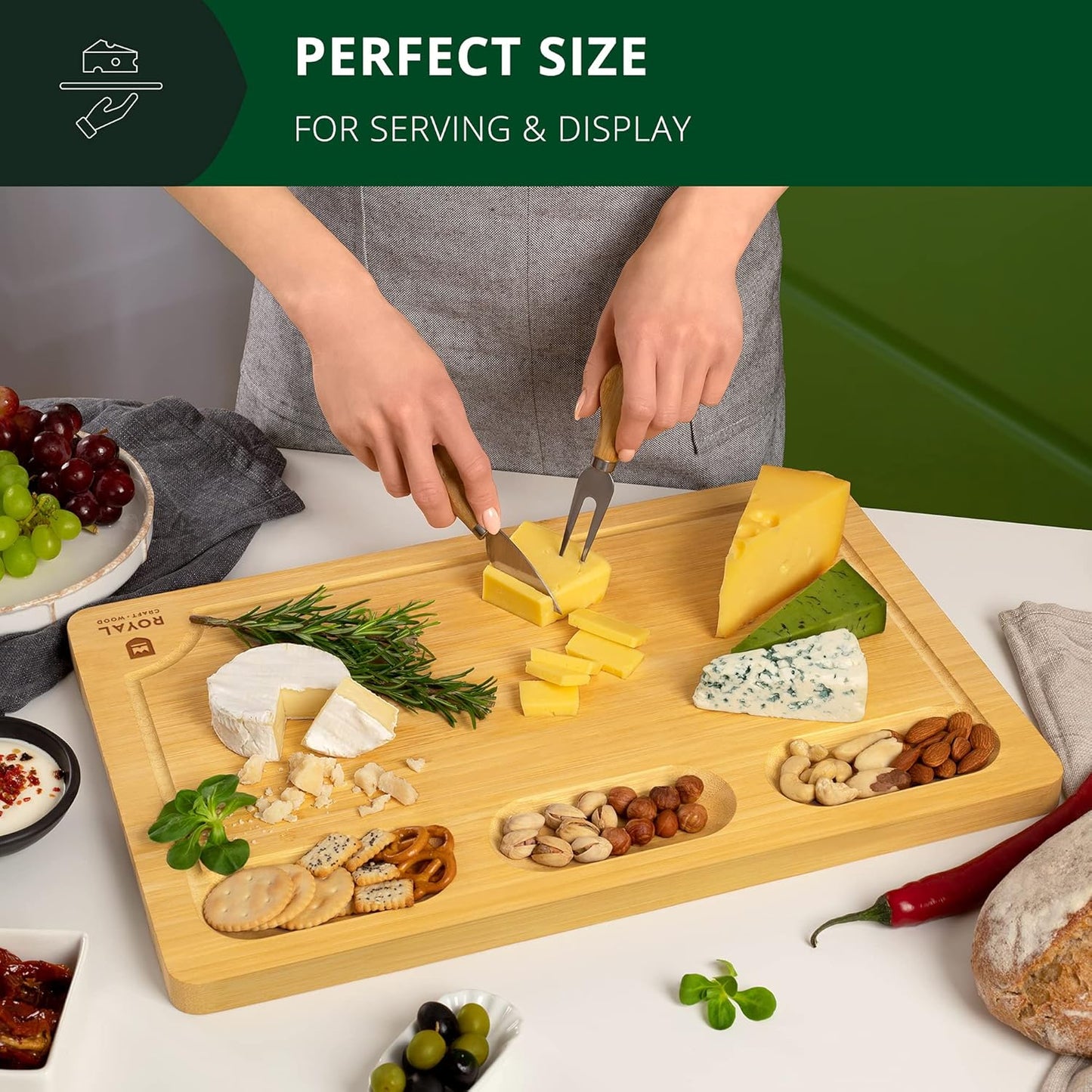 ROYAL CRAFT WOOD Extra Large Cheese Board - Bamboo Cheese Board and Knife Set - Charcuterie Board Set, Charcuterie Platter & Serving Tray