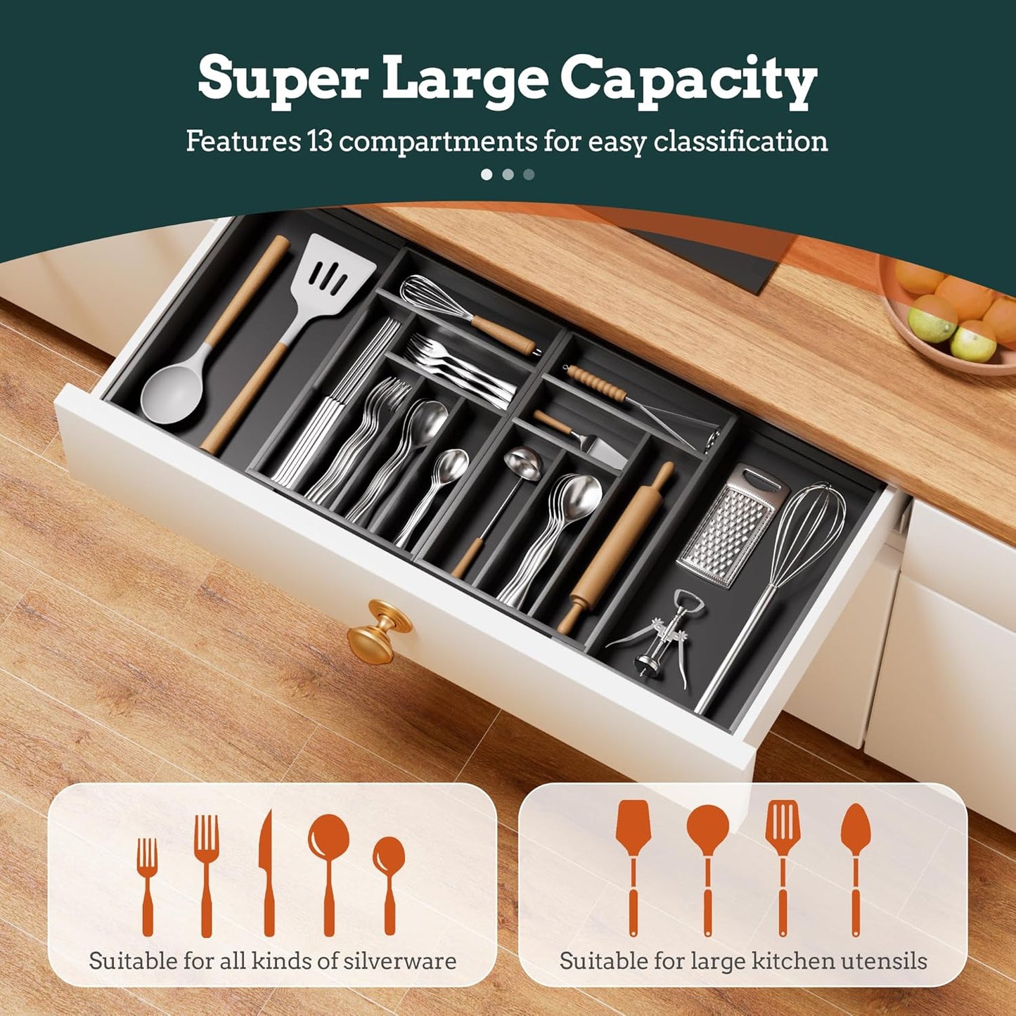 Silverware Organizer Large, Magnetic Connected Expandable 11 Slots Silverware Drawer Organizer From 21 to 37.4 Inches, Adjustable Flatware and Cutlery Holder, Bamboo Utensil Tray for Kitchen Natural
