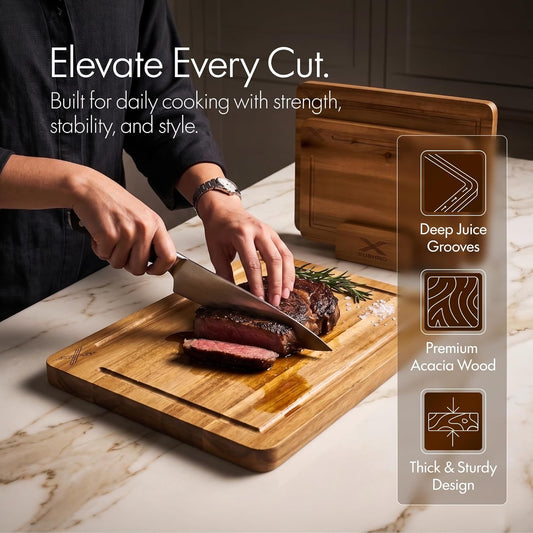 Acacia Wood Cutting Board Set of 3 with Stand - Thick Wooden Chopping Boards with Deep Juice Grooves - Non-Slip & Durable Wooden Boards for Meat & Vegetables (16x12, 14x10, 12x8) - Walnut