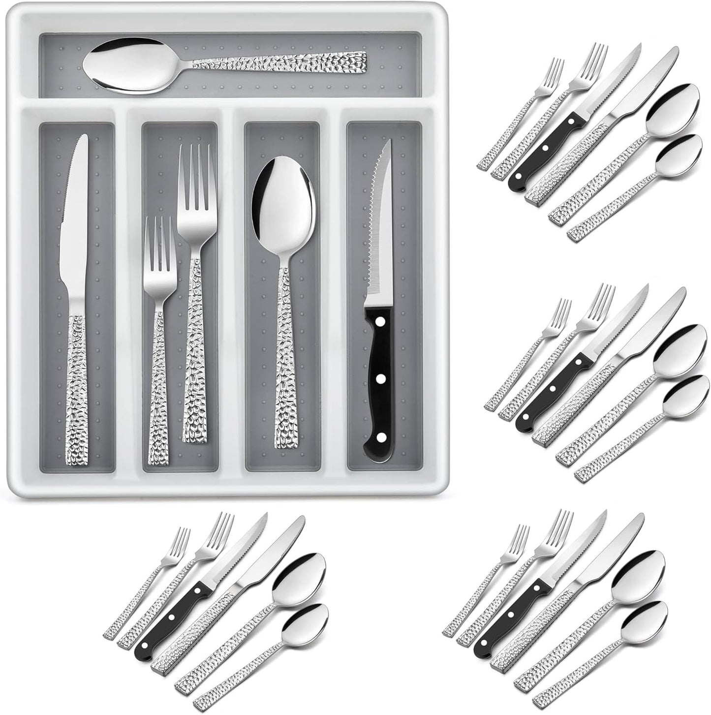E-far 24-Piece Silverware Set with Organizer Tray and Steak Knives, Stainless Steel Flatware Cutlery Service for 4, Basic Tableware Eating Utensils for Home Kitchen, Mirror Polished, Dishwasher Safe