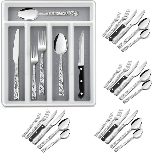 E-far 24-Piece Silverware Set with Organizer Tray and Steak Knives, Stainless Steel Flatware Cutlery Service for 4, Basic Tableware Eating Utensils for Home Kitchen, Mirror Polished, Dishwasher Safe